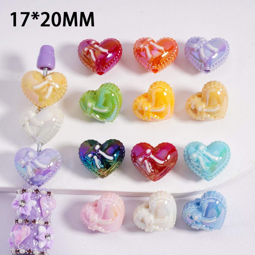 UV Coated Shiny Heart Shape with Bowknot, Multi Color Acrylic Beads 17*20mm(Single Color is available for 200pcs(whole bag)Only)