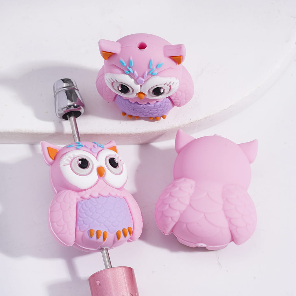 3D Cute Big Eye Pink & Brown Owl Silicone Focal Beads