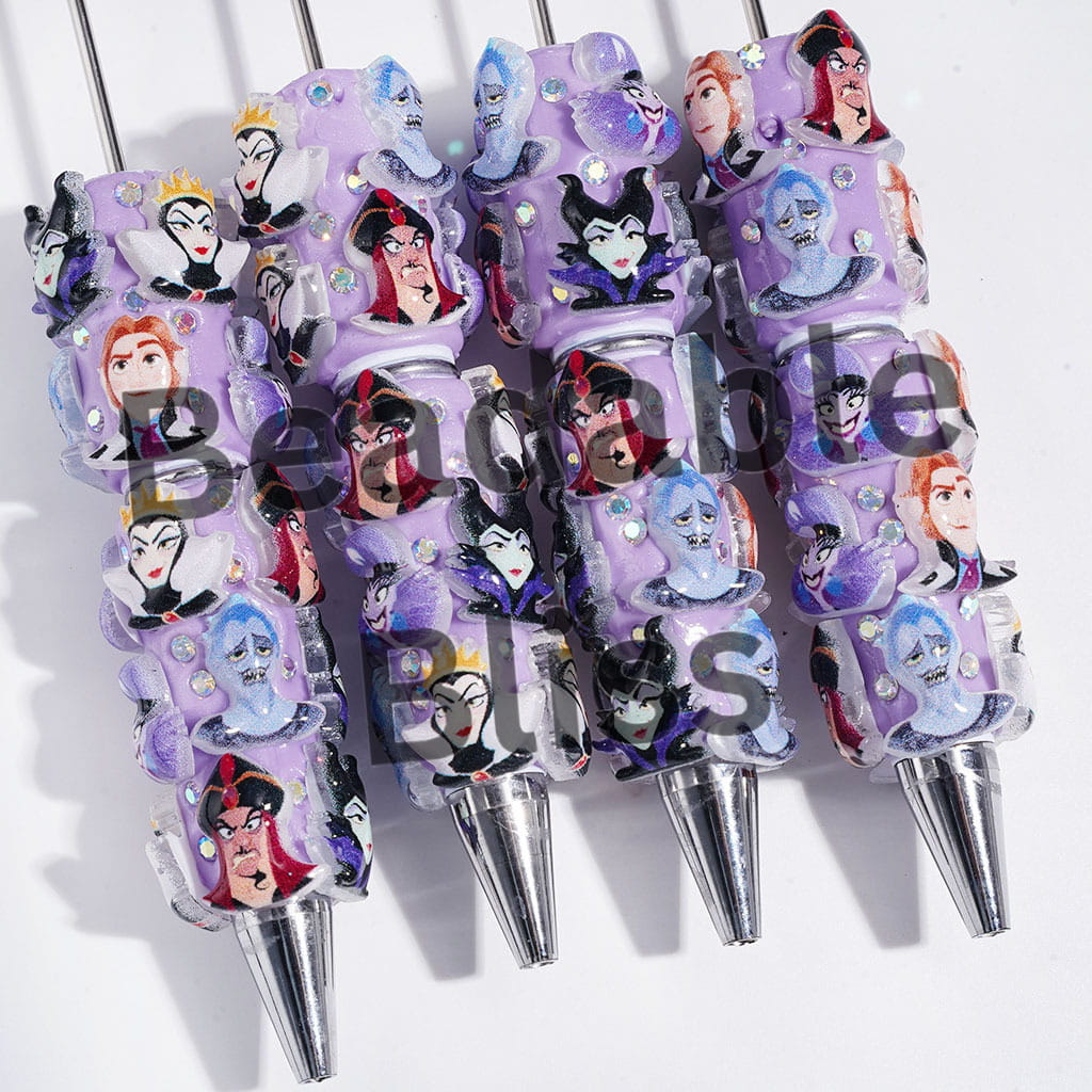 Beadable Clay Pens with Classic Animation Villain Character Theme and AB Rhinestones on Purple Background