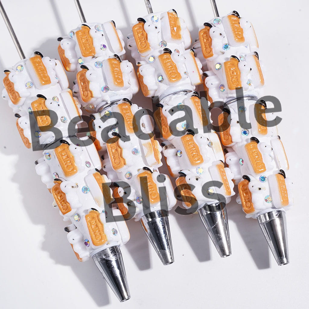 Beadable Clay Pens with Cute Dog Character Carrying Rectangular Cookie and AB Rhinestones