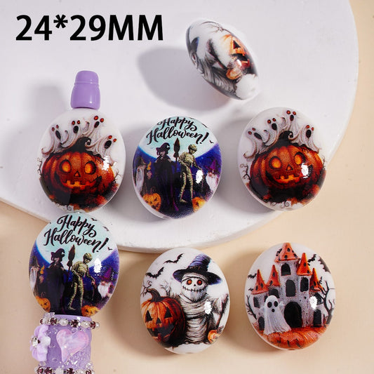 Halloween Oval Ghost Face, Pumpkin, Castle, Bat Acrylic Beads 24*29 mm Random Mix