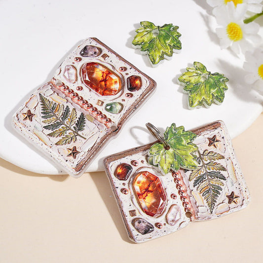 Vintage Botanical Spell Book Printed Acrylic Beads with Maple Leaf Charm, Assorted Shapes,Random Mix