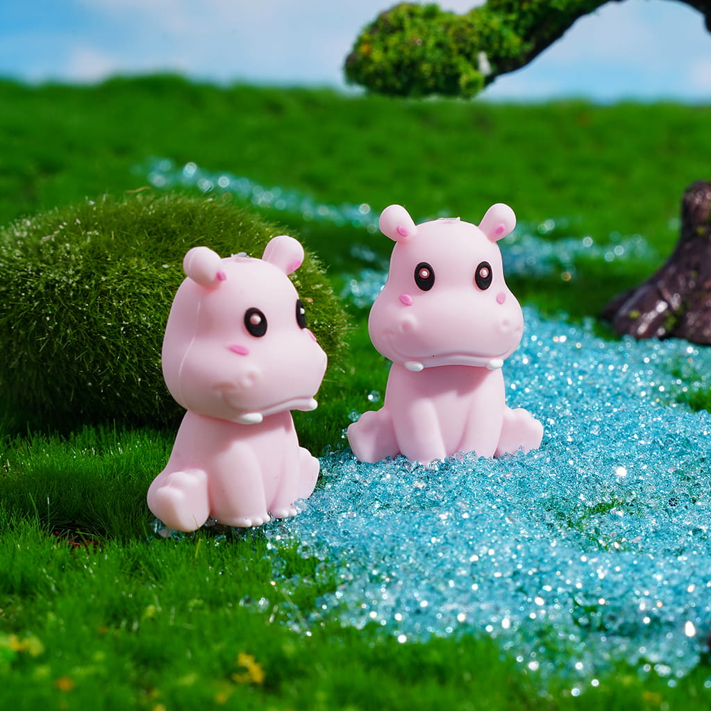 3D Cute Pink, Gray and Blue Hippopotamus in Sitting Pose Silicone Focal Beads