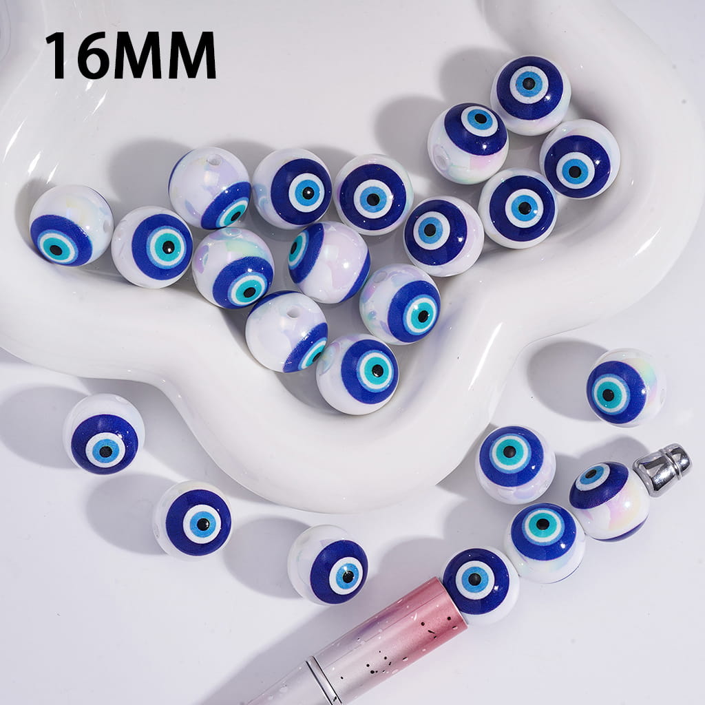 UV Coated Evil Eye Teal & Blue Protective Nazar Round Acrylic Beads 16MM