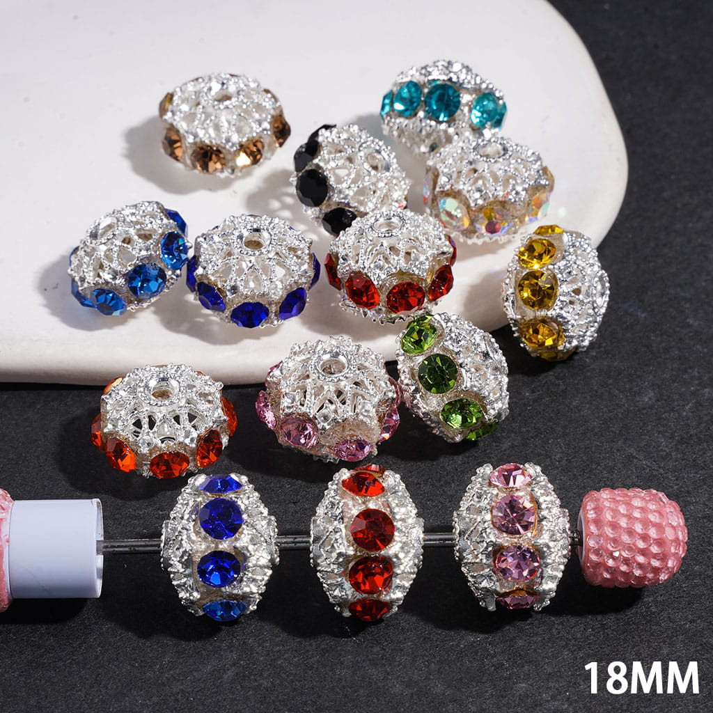 Silver Alloy Beads Hollowed Lantern with Cone-Shaped Rhinestones, Multi-Color