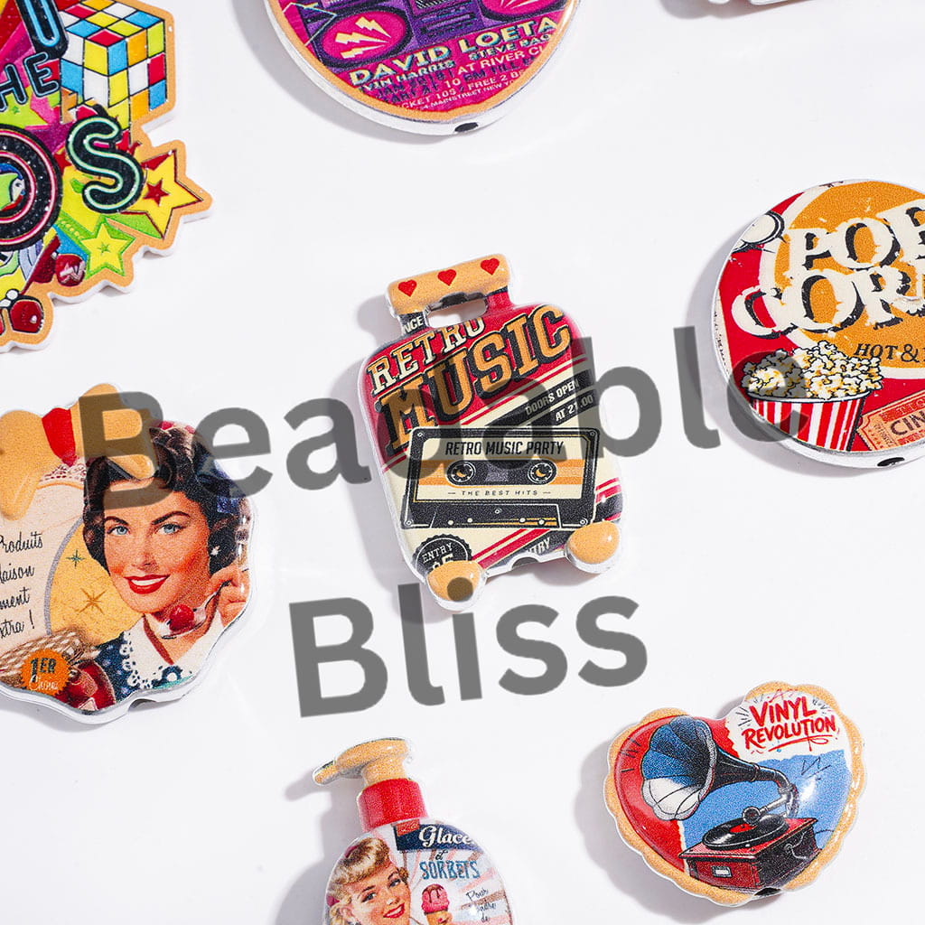 Retro Elements Soda Drinking Disco Cassette Tapes Popcorn Record Players Acrylic Beads and Pendants, Silver Border, Random Mix