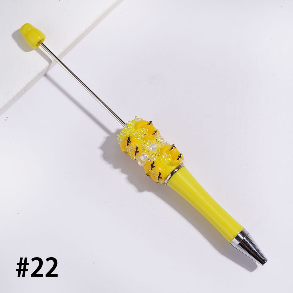 UV Coated Halloween Sugar Beadable Pen with Pumpkin & Ghost Charms, White Pearl and Black Cone Rhinestone Accents