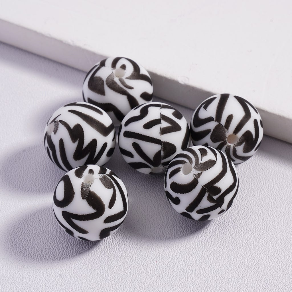 White Bead with Black Zebra Stripes Round Printed Silicone Beads 15MM