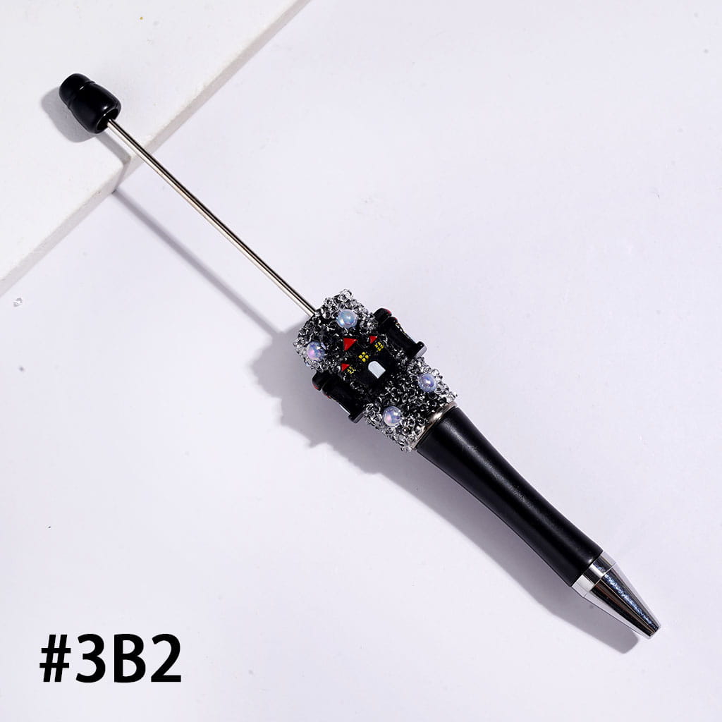 UV Coated Halloween Sugar Beadable Pen with Pumpkin & Ghost Charms, White Pearl and Black Cone Rhinestone Accents