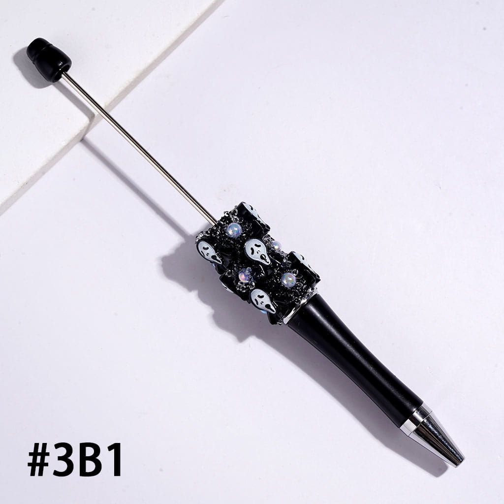 UV Coated Halloween Sugar Beadable Pen with Pumpkin & Ghost Charms, White Pearl and Black Cone Rhinestone Accents