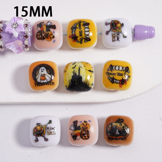 Flat Cube Square Acrylic Beads Halloween Series Spirit Pumpkin 15MM, Random Mix