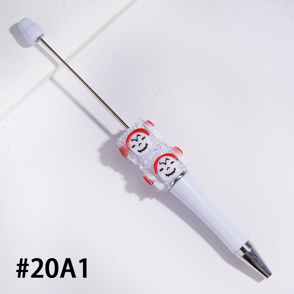 UV Coated Halloween Sugar Beadable Pen with Pumpkin & Ghost Charms, White Pearl and Black Cone Rhinestone Accents