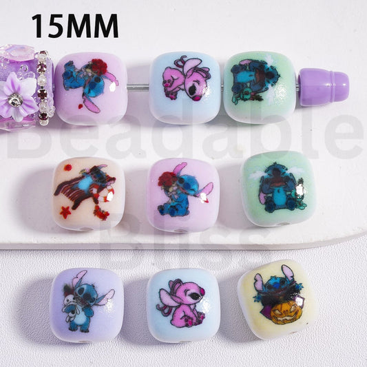 Halloween spooky Pumpkin Cute Pink & Blue Stitch, Flat Cube Square Acrylic Beads 15MM random mix