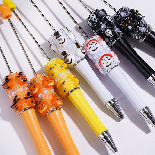 UV Coated Halloween Sugar Beadable Pen with Pumpkin & Ghost Charms, White Pearl and Black Cone Rhinestone Accents