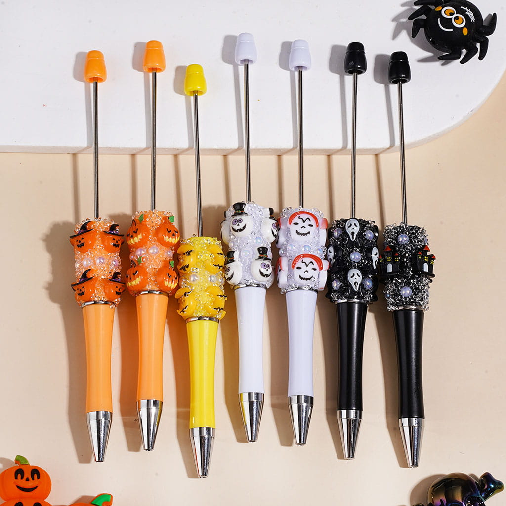 UV Coated Halloween Sugar Beadable Pen with Pumpkin & Ghost Charms, White Pearl and Black Cone Rhinestone Accents