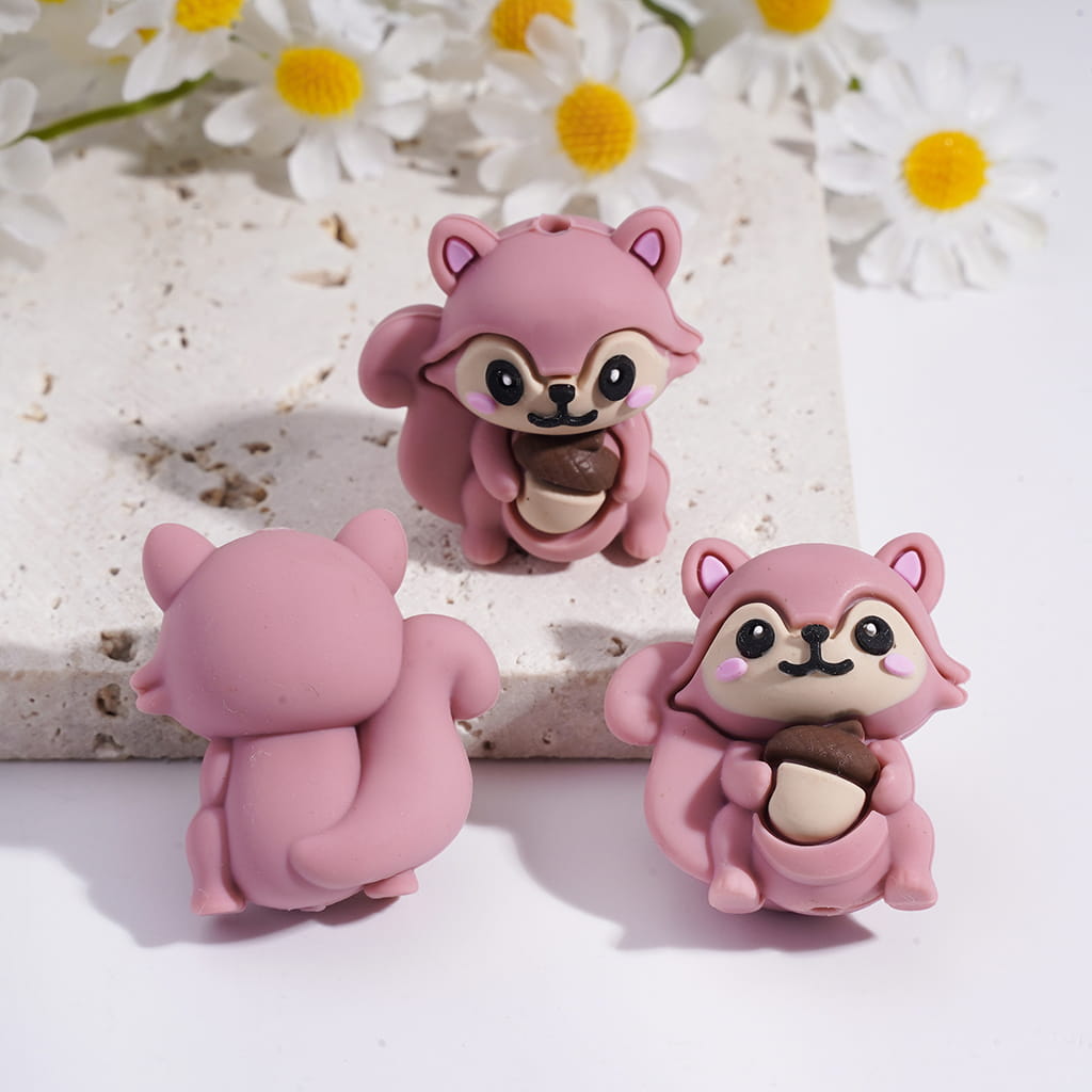 3D Cute Squirrel Holding Pine Cone Animal Series Silicone Focal Beads