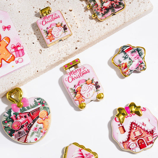 Adorable Pink Christmas Theme Gingerbread Men, Train, Snowmen, House, Stocking, Candle & Gift Gold-Border Acrylic Beads & Pendants, Random Mix