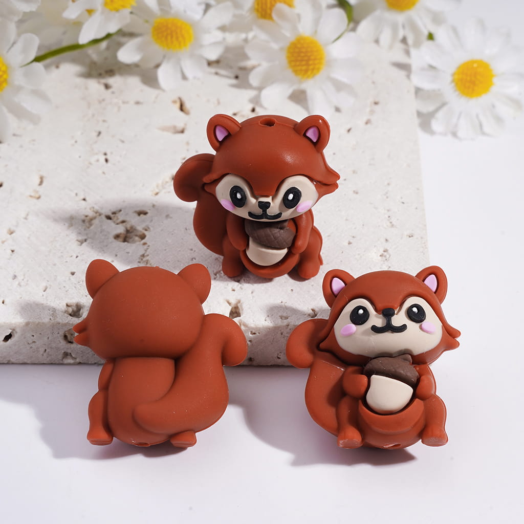 3D Cute Squirrel Holding Pine Cone Animal Series Silicone Focal Beads