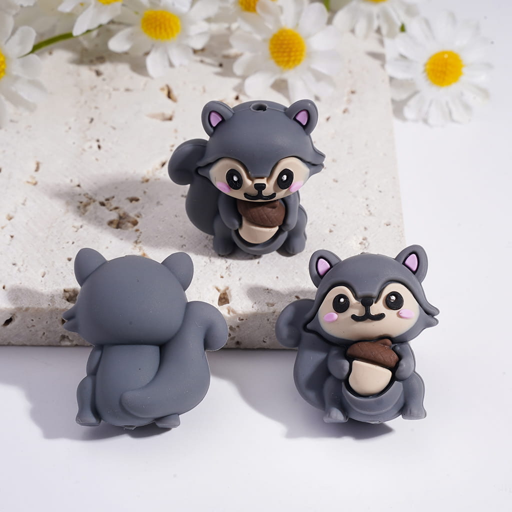 3D Cute Squirrel Holding Pine Cone Animal Series Silicone Focal Beads