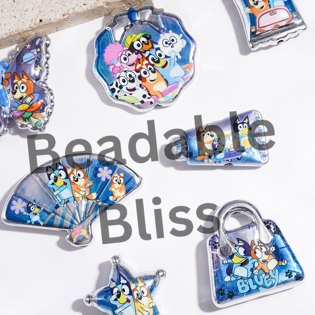 Acrylic Beads and Pendants Family Theme Blue Dog Character Series, Silver Border, Random Mix