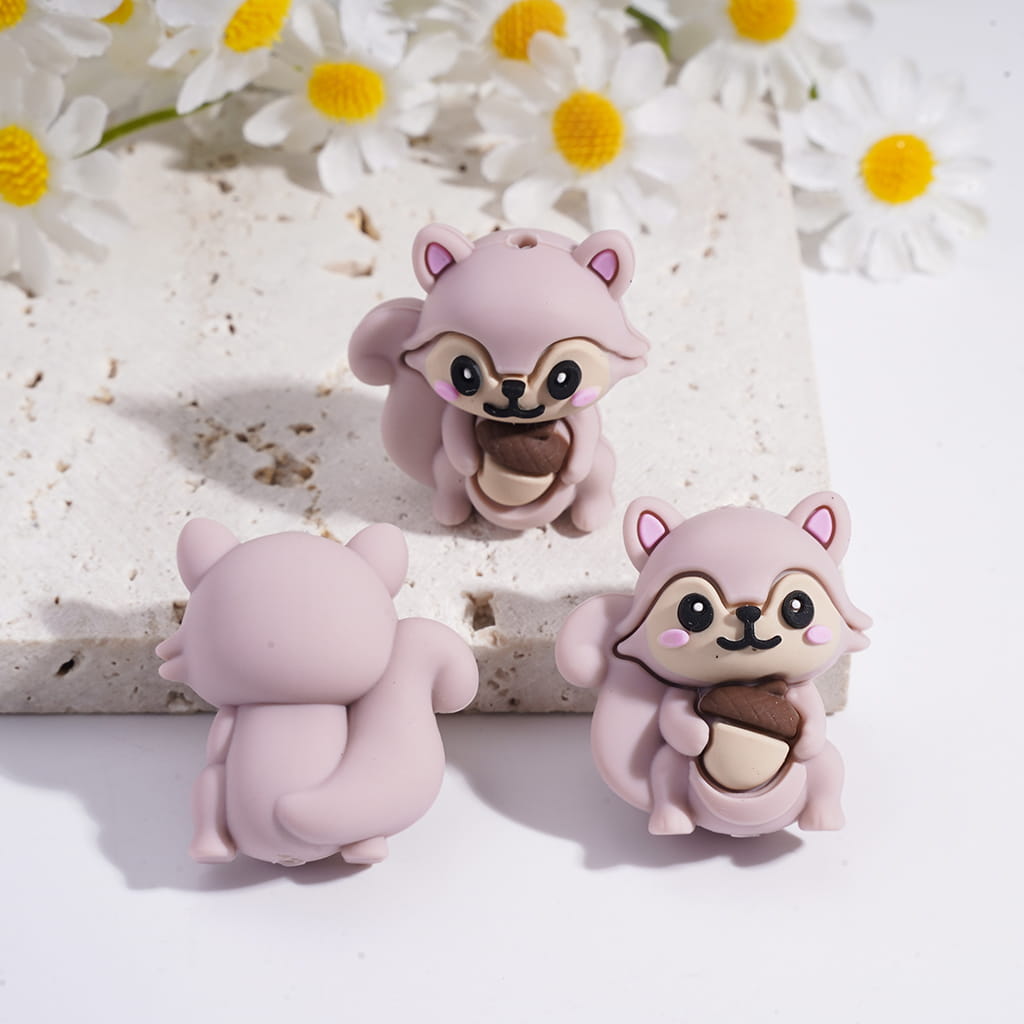 3D Cute Squirrel Holding Pine Cone Animal Series Silicone Focal Beads