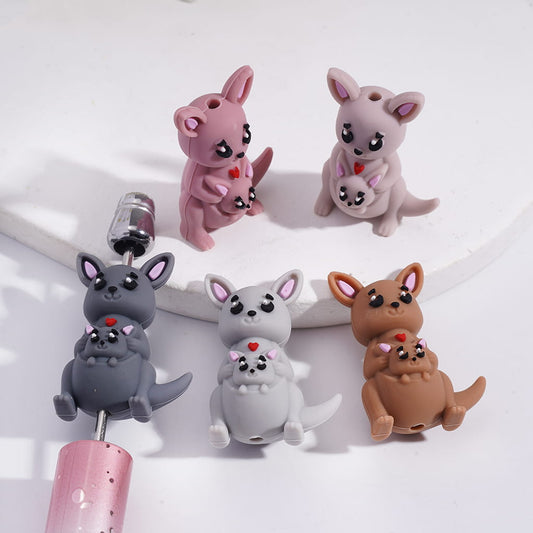 3D Cute Animal Series Kangaroo Mom Holding Baby Silicone Focal Beads