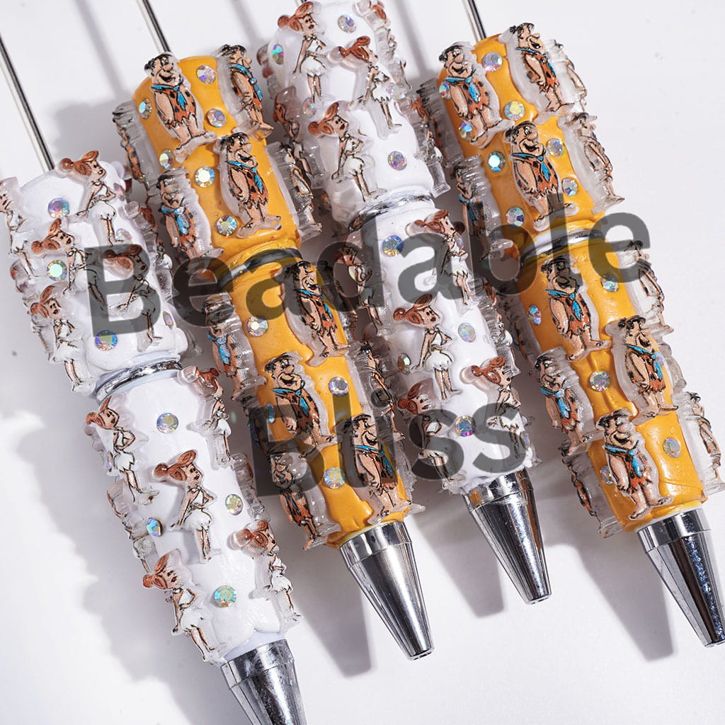 Beadable Clay Pens with Stone Age Funny Family and Neighbor, AB Rhinestones, Multi-Color