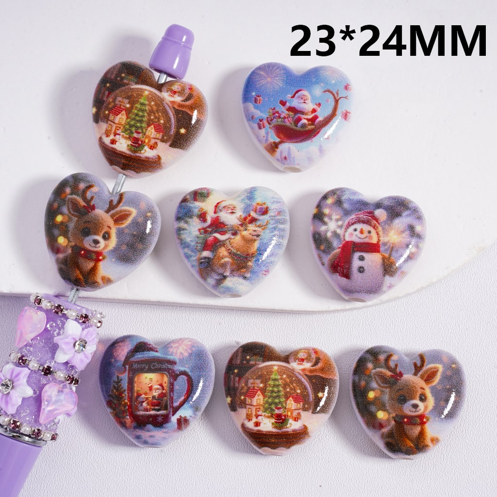 Santa Claus, Reindeer, Snowman, Christmas Scenes Heart Flat Acrylic Beads 23*24mm Random Mix