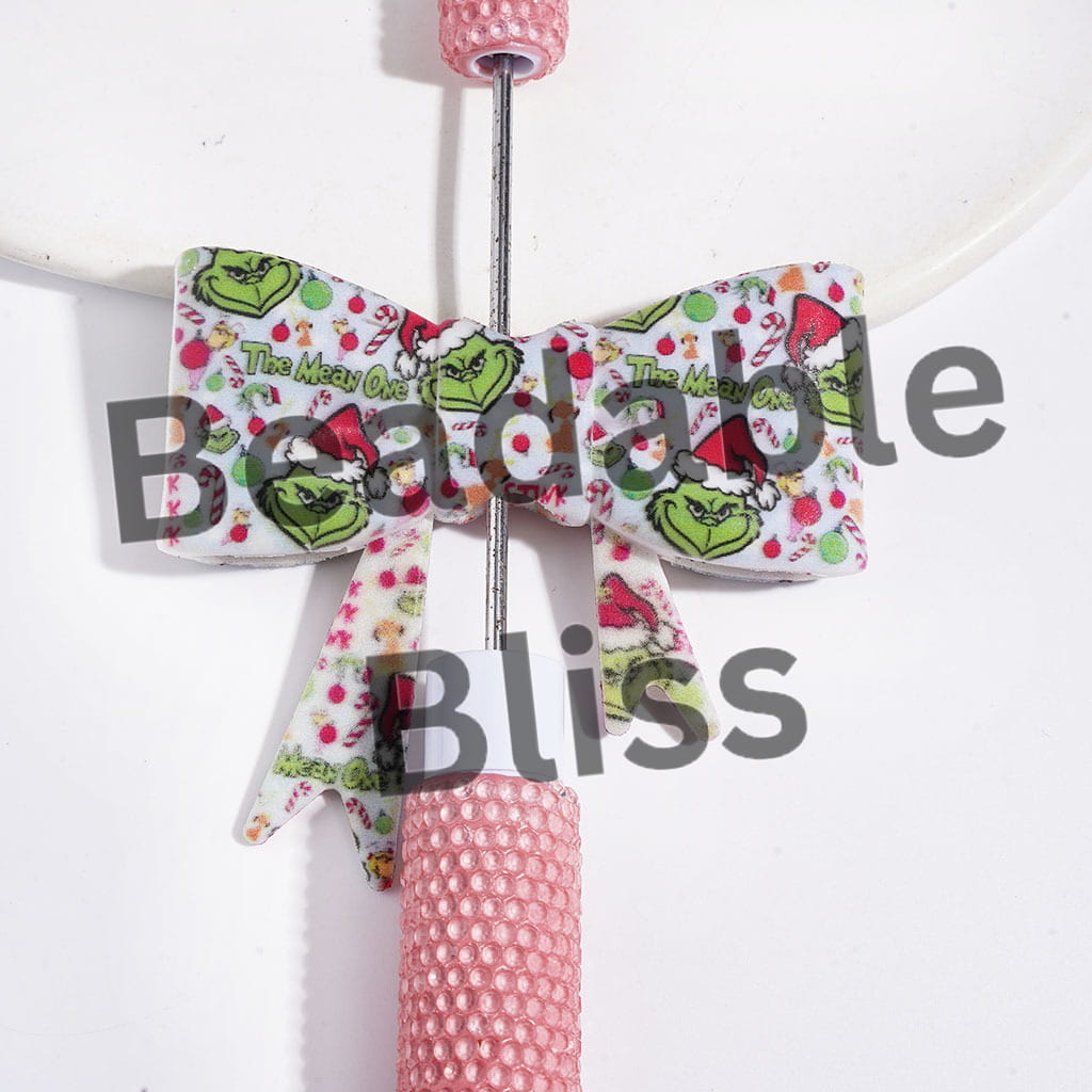 UV-Printed Silicone Focal Beads Soft Bowtie with Christmas Green Character Candy Cane Balloon Pattern, Light Blue Background, 53*59MM