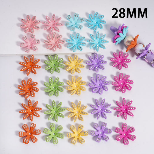 Multi Petal Flower with Sparkling Clear Shiny Rhinestones, Solid Color Acrylic Beads 28MM Random Mix Jewelry Accessories