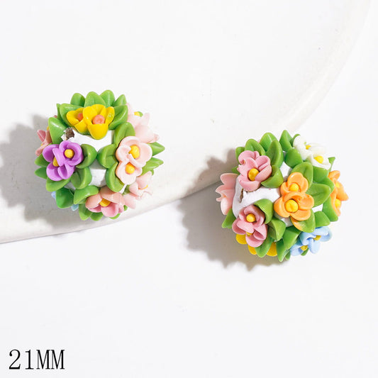 Fresh Diverse Colors Flower & Green Leaf Design Clay Beads, 21MM