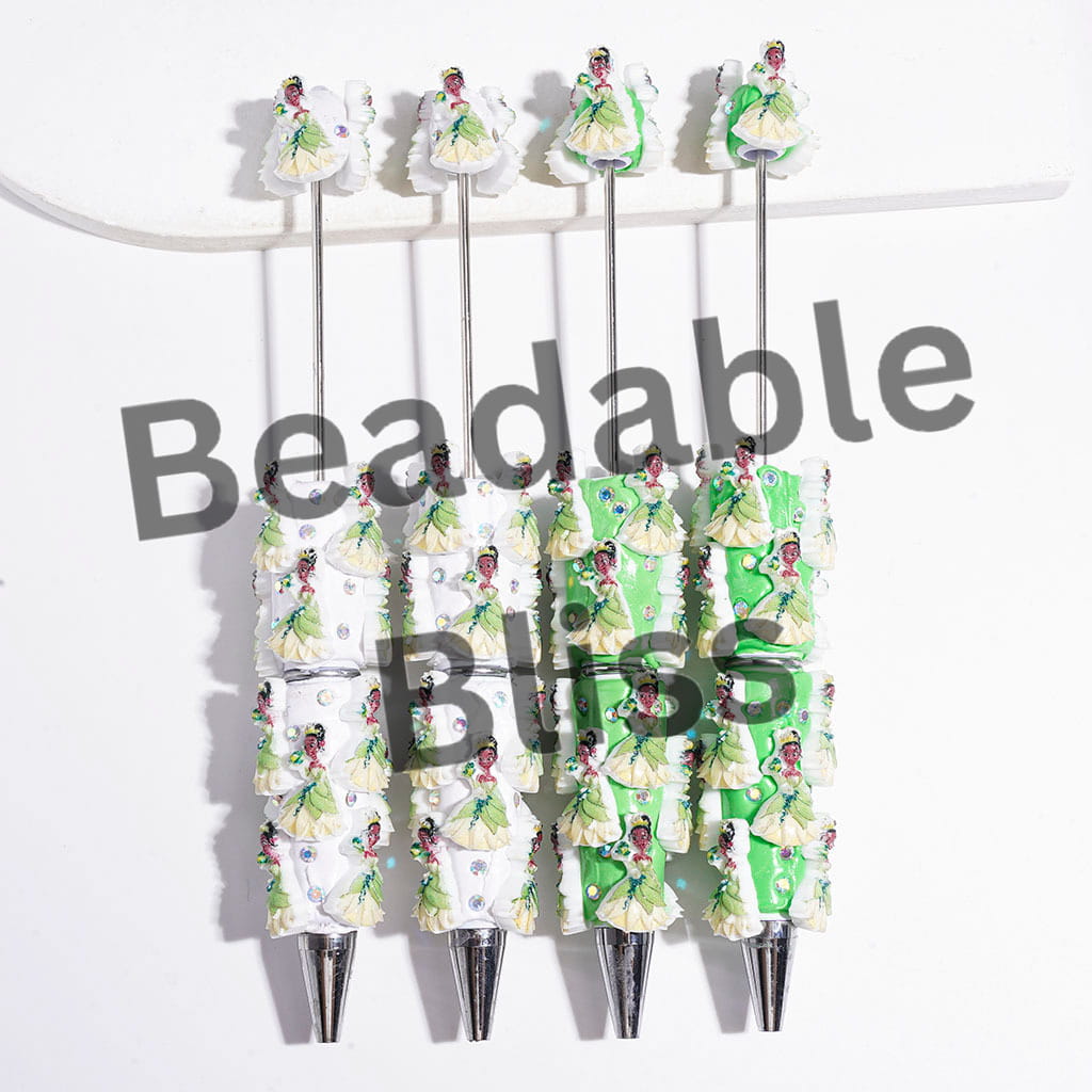 Princess Wearing Green Yellow Formal Dress and Holding Frog Beadable Clay Pens, White and Green Pen Base