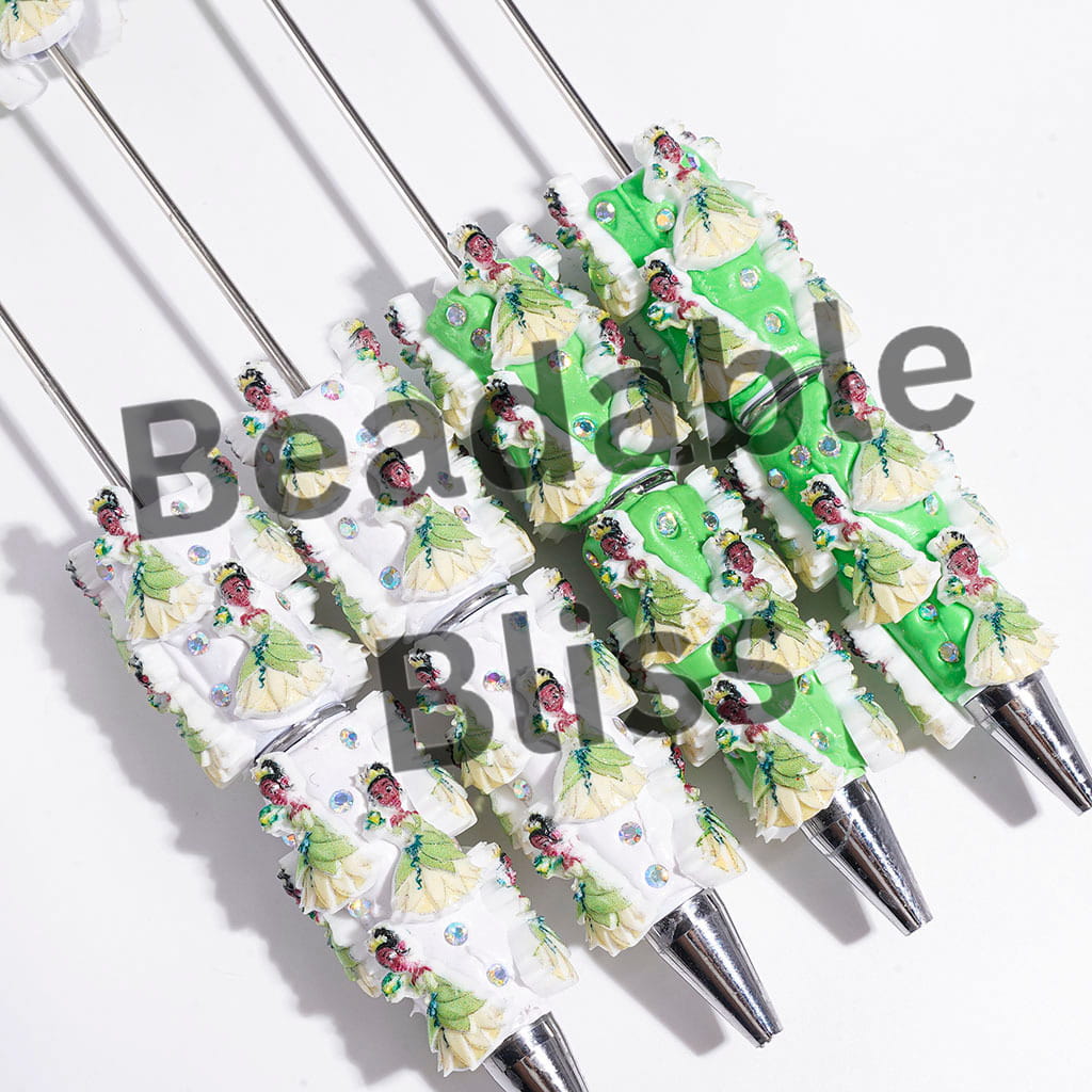 Princess Wearing Green Yellow Formal Dress and Holding Frog Beadable Clay Pens, White and Green Pen Base