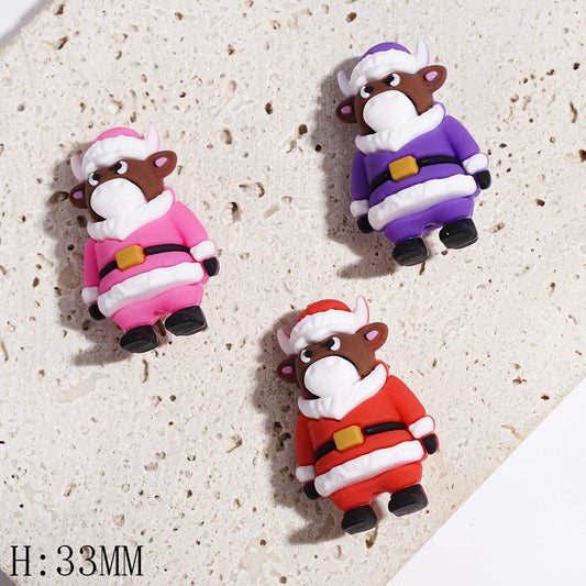 Festive Christmas Brown Highland Cow with Santa Claus Clothes Silicone Focal Beads, Height 33MM, Multicolor