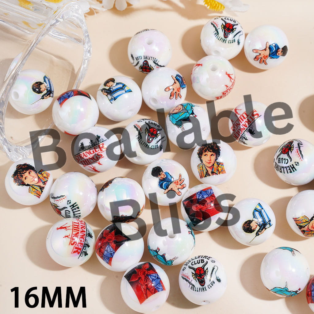 UV Coating Acrylic Beads for Bracelets with Quirky World Character Series in Horror Style, 16MM Random Mix