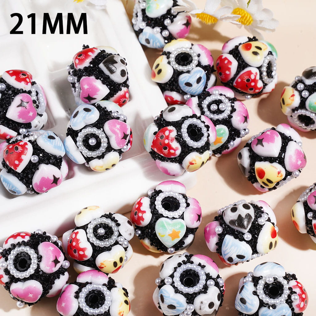 Black & White Floral Heart Pattern, Black Cone Shaped Rhinestones White Pearl Chains, Round Hand-Made Acrylic Sugar Beads, 21MM, Random Mix