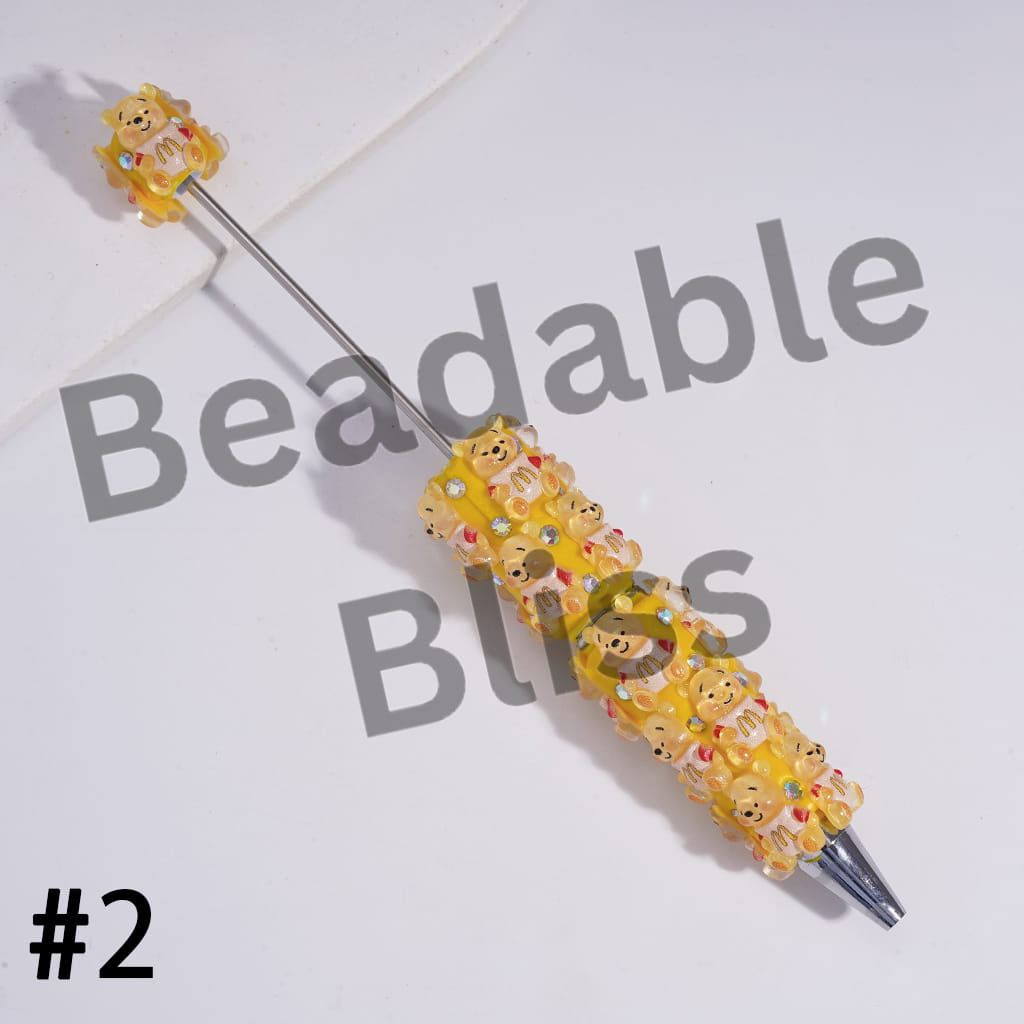 Beadable Clay Pens with Yellow Honey Bear Character in Various Style, AB Rhinestones and White Pearl
