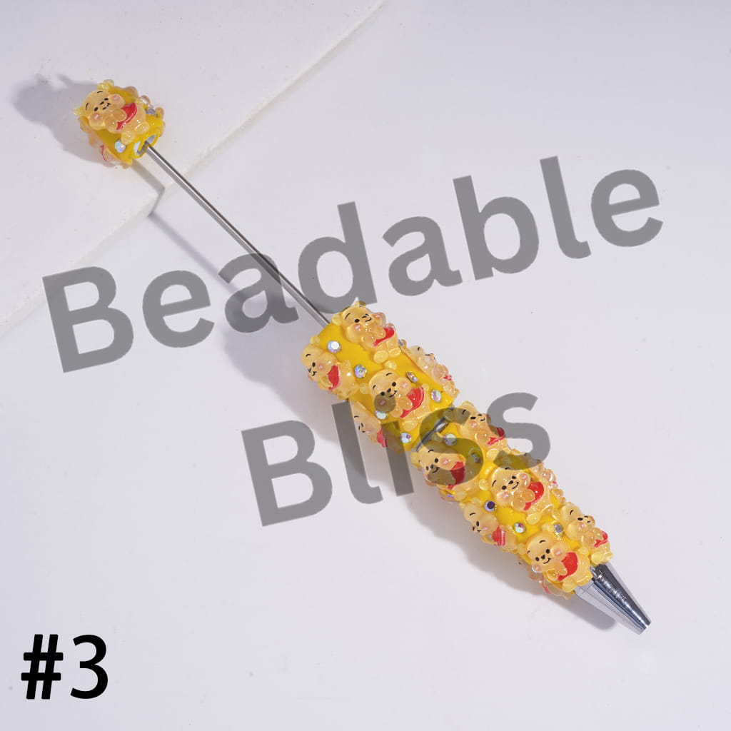 Beadable Clay Pens with Yellow Honey Bear Character in Various Style, AB Rhinestones and White Pearl