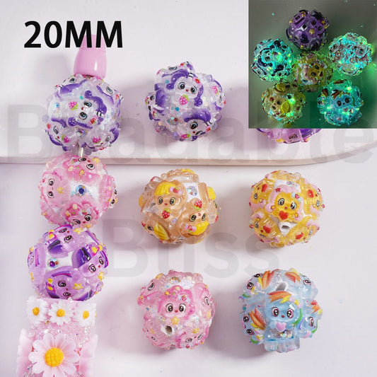 Luminous Multi Color Little Pony with AB Rhinestone Sparkles Round Clay Beads 20mm Random Mix