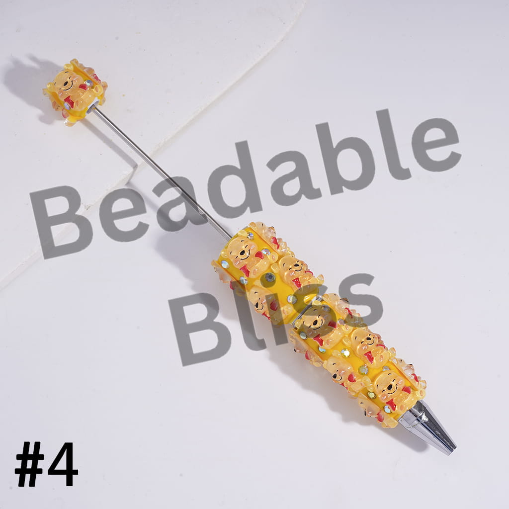 Beadable Clay Pens with Yellow Honey Bear Character in Various Style, AB Rhinestones and White Pearl