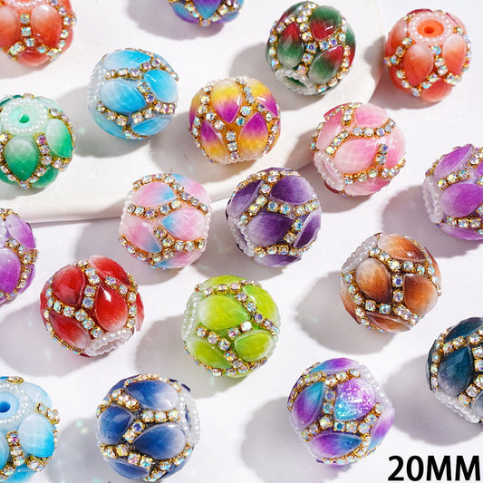 Vibrant Gradient Lotus Petal Design with Shiny Glitter, Sparkling AB Rhinestones and White Pearl Chains, Handmade Acrylic Beads, 20MM, Multicolor Random Mix
