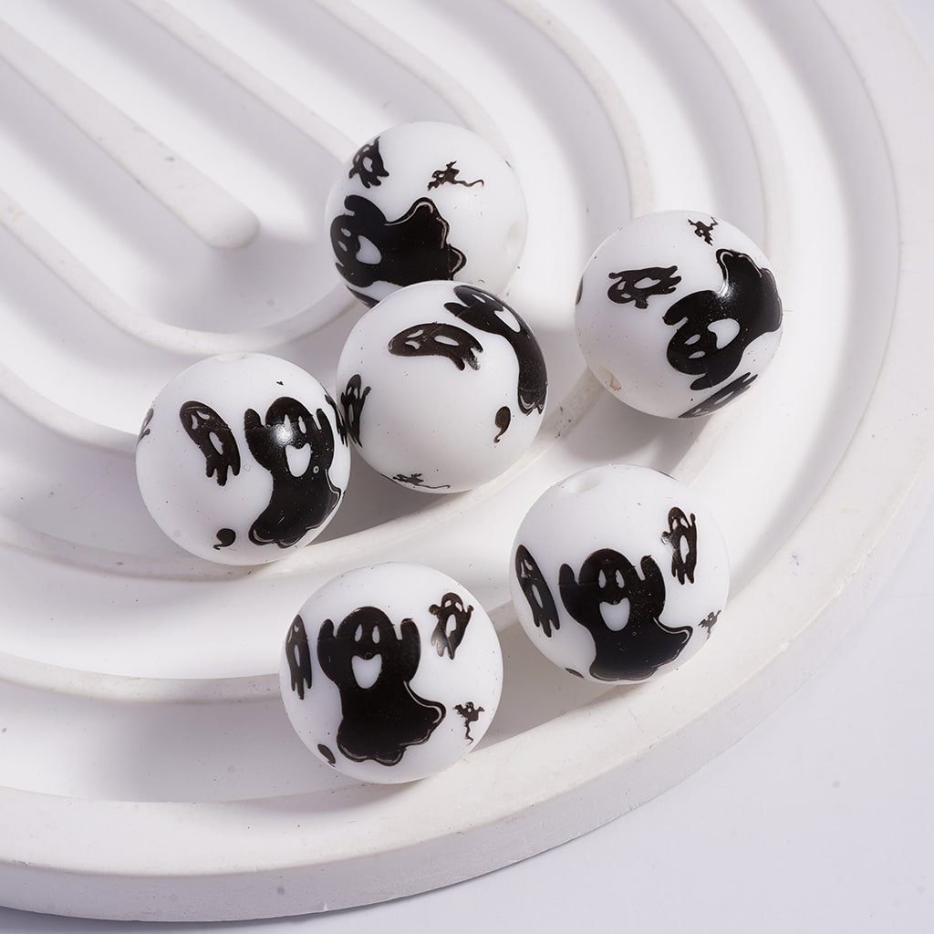 White with Black Ghost Halloween Design Round Printed Silicone Beads 15MM