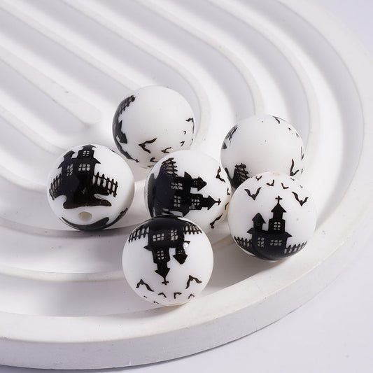 White with Black Bat & Castle Halloween Design Round Printed Silicone Beads 15MM