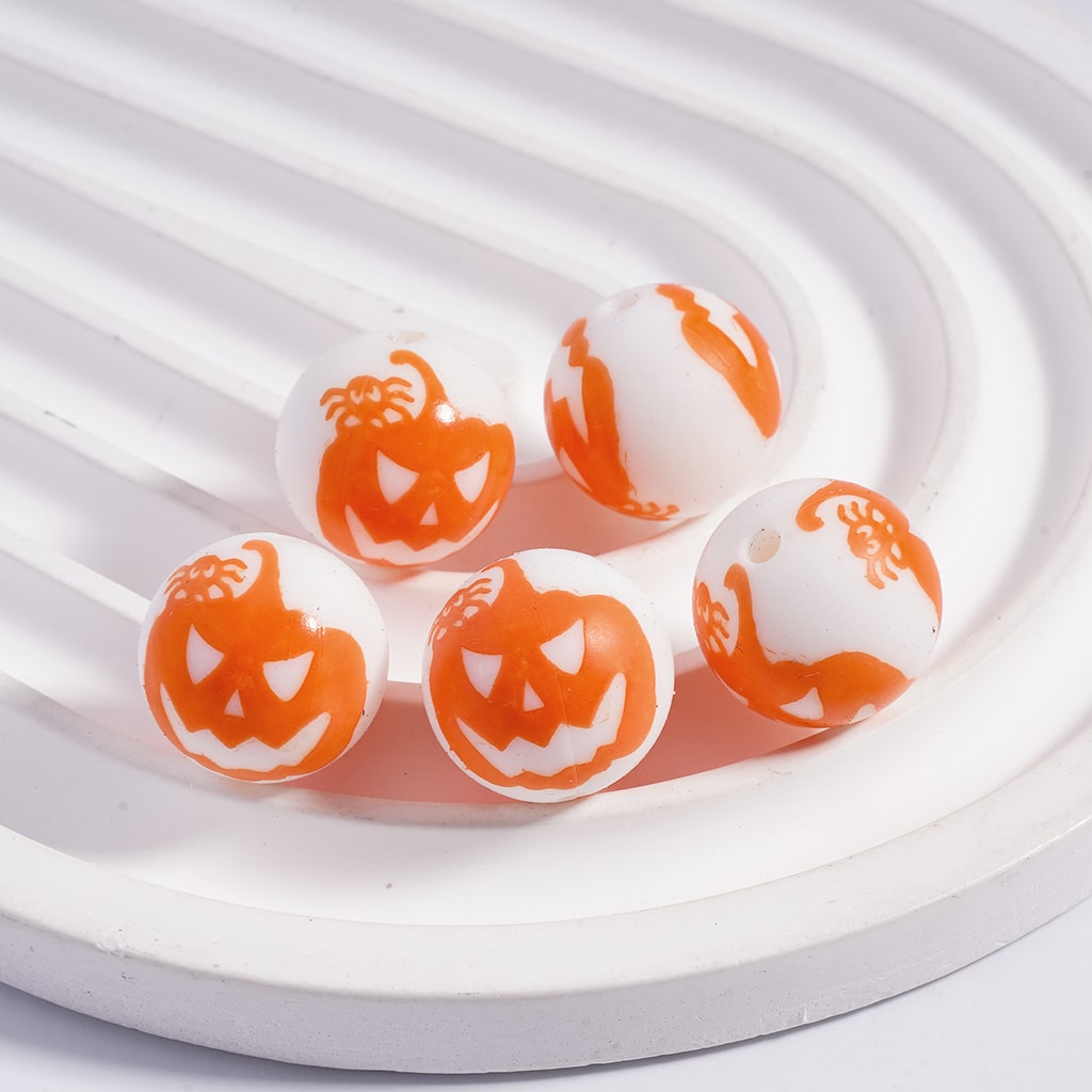 White with Orange Spider, Ghost Face & Pumpkin Halloween Designs Round Printed Silicone Beads 15MM