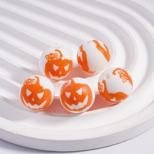 White with Orange Spider, Ghost Face & Pumpkin Halloween Designs Round Printed Silicone Beads 15MM