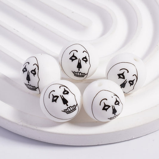 White beads with Horror Skeleton Face Halloween Round Printed Silicone Beads 15MM