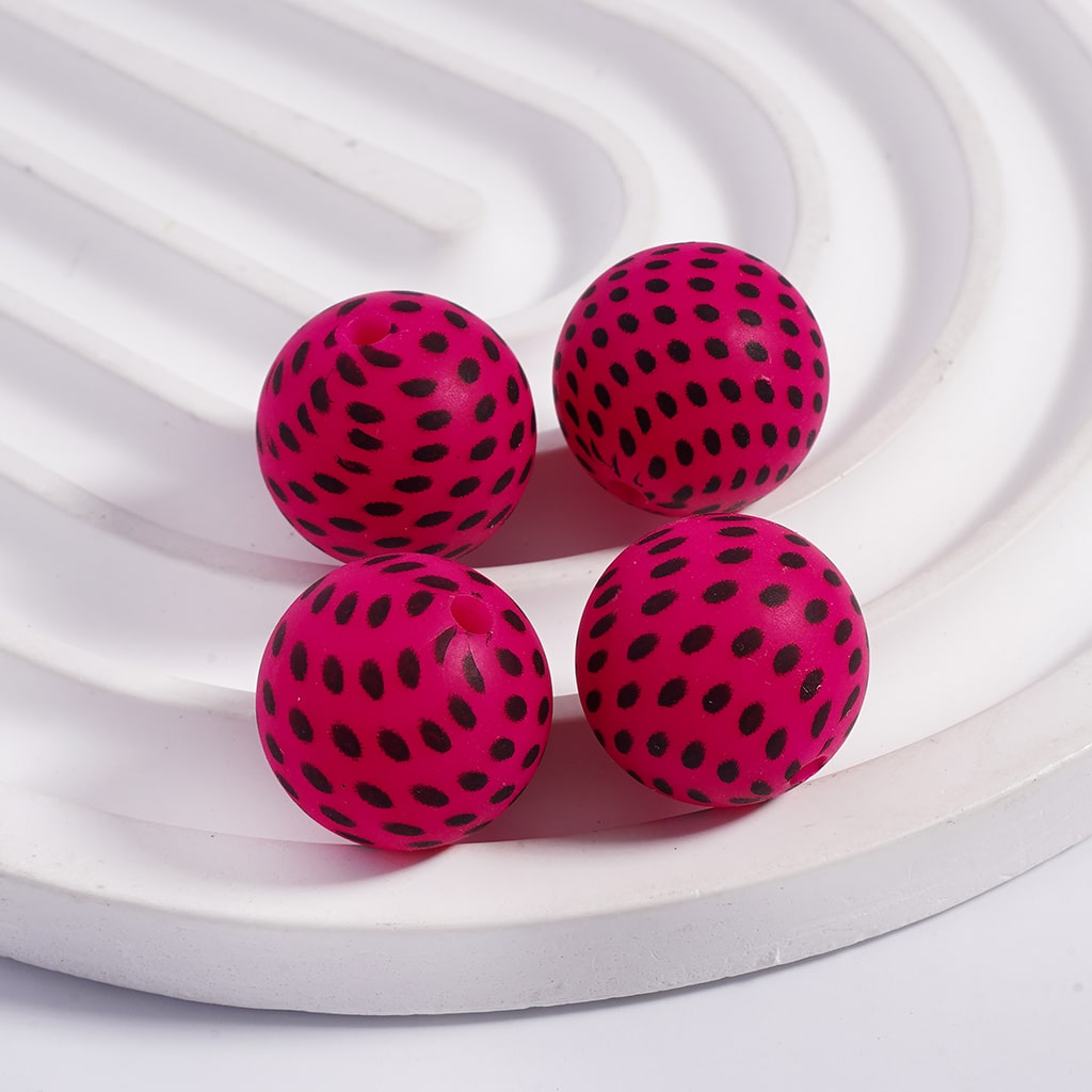 Rose Red Beds with Mini Black Spots Round Printed Silicone Beads 15MM