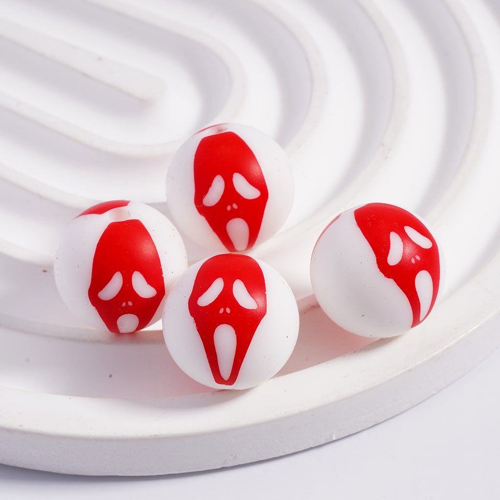 White Base with Horror Red Ghost Face, Halloween Design Printed Silicone Round Beads 15MM