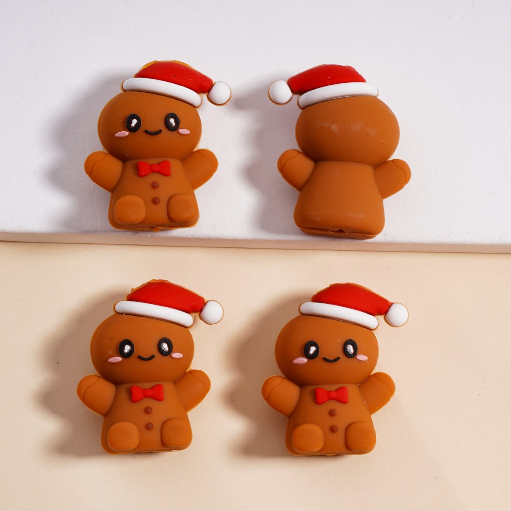 3D Brown and White Gingerbread Man with Christmas Santa Red Hat & Red Bowtie, Silicone Focal Bead
