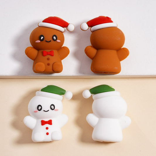3D Brown and White Gingerbread Man with Christmas Santa Red Hat & Red Bowtie, Silicone Focal Bead